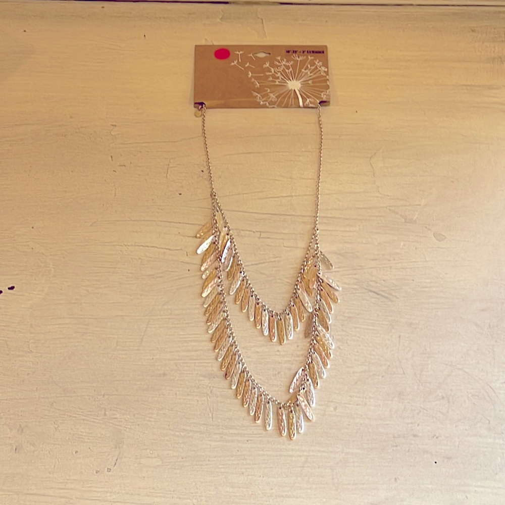 Necklace two-tone silver and gold two layer hammered